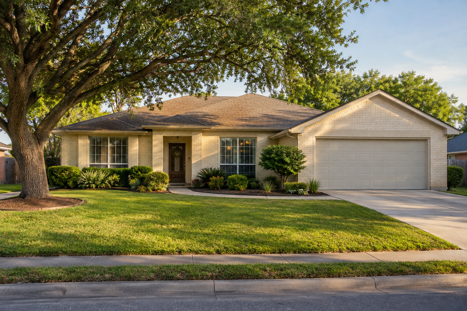 A modest brick home under a shade tree in warm afternoon light
